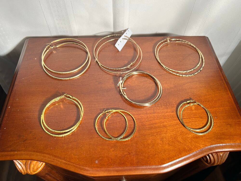 Vintage Lot of 7 Pairs XL Gold Tone Pierced Hoop Earrings - Assorted Styles